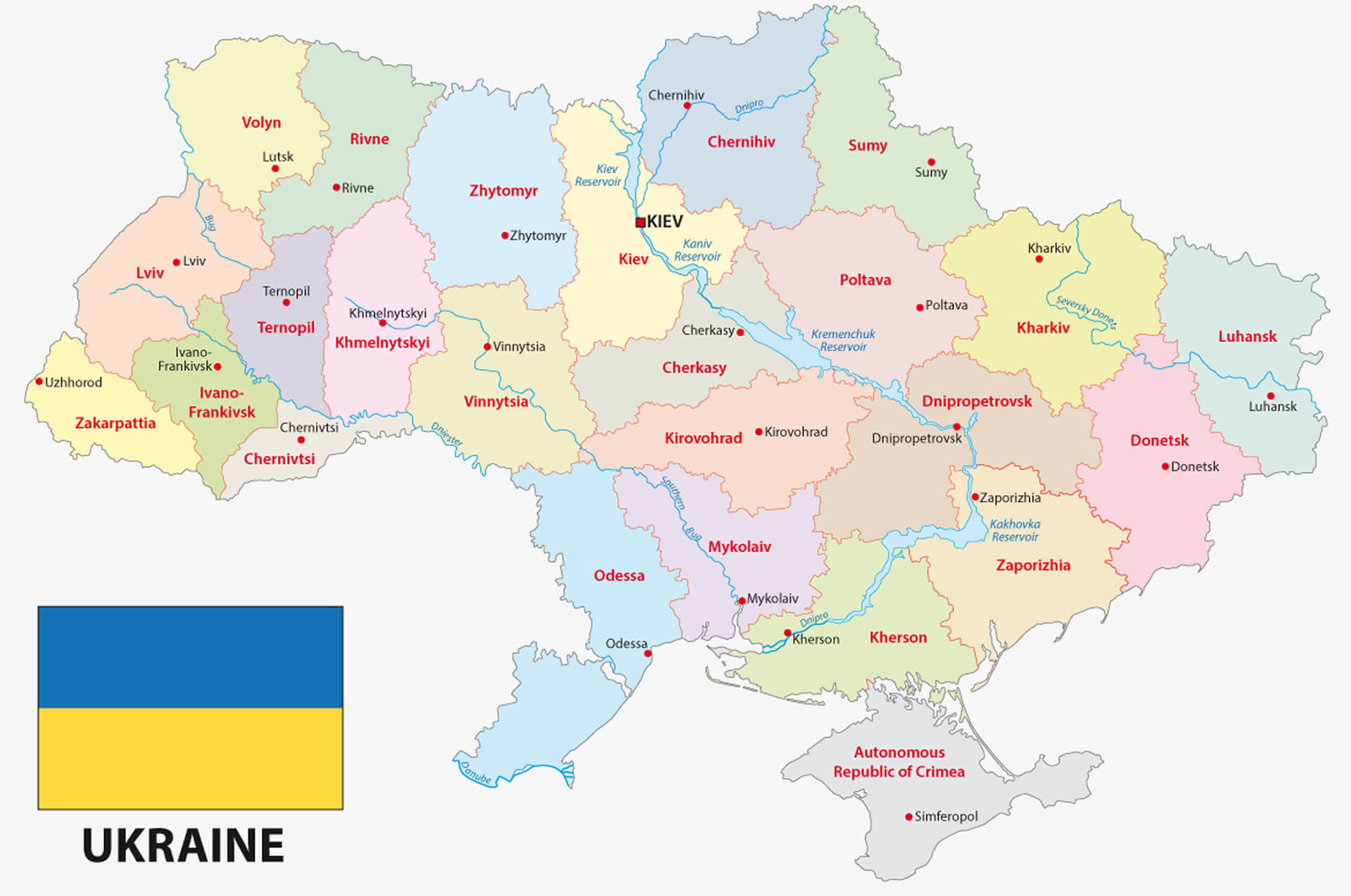 Administrative and Political Map of Ukraine with Flag